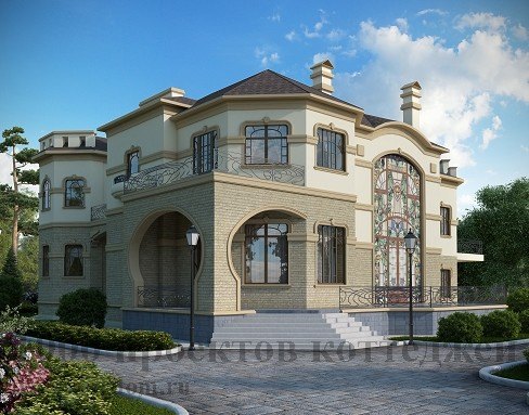 Двухэтажный кирпичный дом-дворец с панорамными витражами