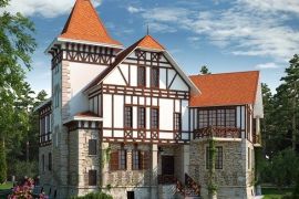 Дом из газобетона с фахверковой отделкой фасада 14x15