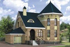 Двухэтажный дом из газобетона 11 на 13 м с полукруглым эркером