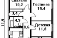 План одноэтажного дома со всеми удобствами с двумя спальнями 9х11 м