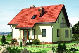 Проект кирпичного двухэтажного дома с эркером и балконом над ним