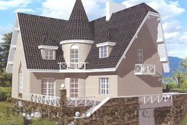 Трёхэтажный дом из кирпича на 296 кв.м с круглой башней