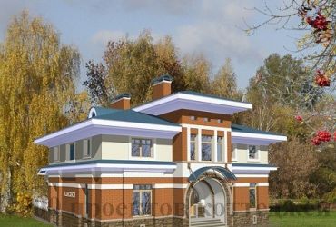 Двухэтажный дом из кирпича более 300 кв.м с разноуровневой крышей