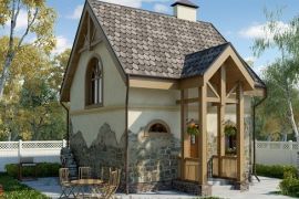 Двухэтажный дом из газобетона 6,2x6,2 м с полукруглыми окнами