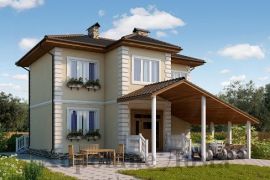 Проект дома из газобетона на 116 кв. м с эркером и навесом для авто