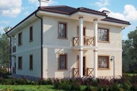 Проект дома из газобетона с мансардой и квадратными колоннами