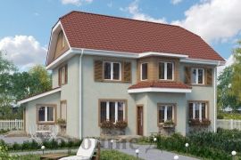 Двухэтажный дом с вальмовой крышей и эркером