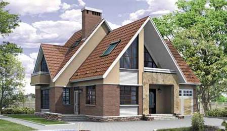 Проект дома из газоблоков 12х14 м с мансардой и фигурной крышей