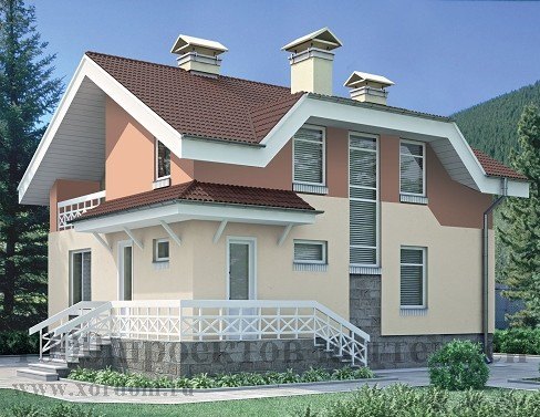 Проект двухэтажного дома из кирпича 8*10 м с фигурной крышей