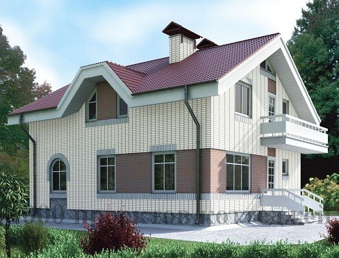 Двухэтажный кирпичный дом в стиле модерн с фигурной крышей