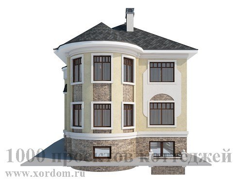 Трёхэтажный кирпичный дом с полукруглыми эркерами