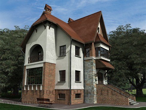 Трёхэтажный дом из кирпича в стиле замка с гаражом