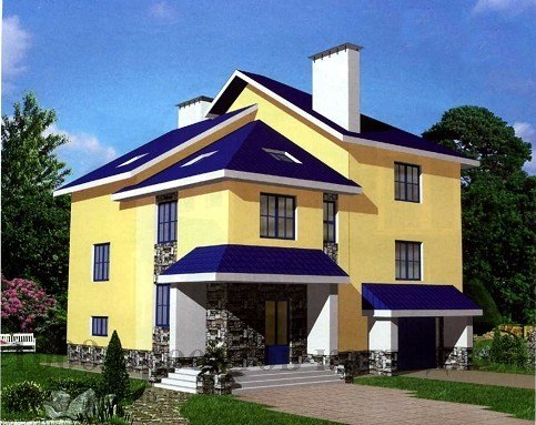 Трёхэтажный кирпичный дом с разновысокой крышей