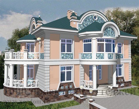 Трёхэтажный дом из кирпича с полукруглыми балконами