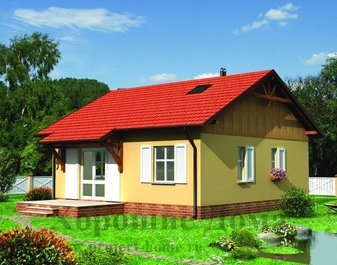 Проект небольшого дома из газобетона на 65 кв. м с двускатной крышей