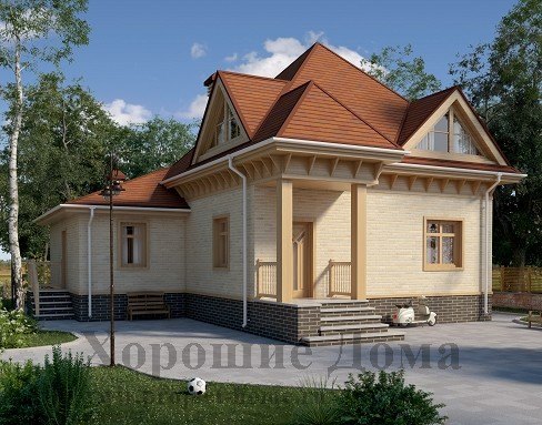 Проект двуxэтажного дома с пилонами и фигурной крышей