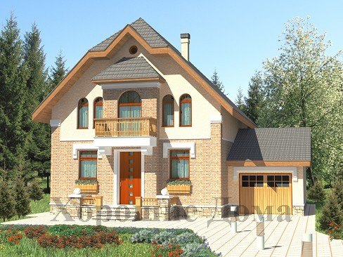 Двухэтажный дом с арочными окнами и фигурной крышей